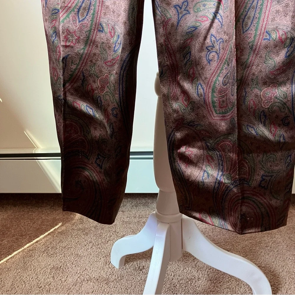 Perry Ellis Vintage Brown Paisley High Waisted Ladies Cropped Silk Trousers - Picture 6 of 11